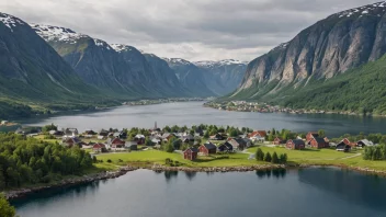 Et fredelig og malerisk norsk landskap med en liten bosetning i det fjerne.