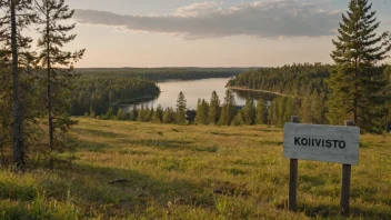 Et fredelig finsk landskap med en landsby og en treplate med navnet 'Koivisto'.