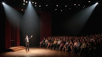 Et komedieteater med en scene og publikum, med et søkelys som skinner på en komiker