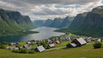 En pittoresk landsby i Norge med tradisjonelle hus og en storslagen natur.