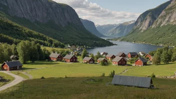 Et fredelig norsk landskap med en liten landsby i bakgrunnen.