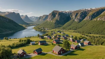 Et pittoreskt landskap i Norge med tradisjonelle hus og en fredelig atmosfære.