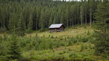 Et fredelig norsk skoglandskap med en liten hytte.