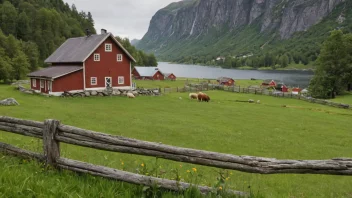 En pittoresk utsikt over en norsk gård med et tre skilt med navnet 'Sveinungs'.