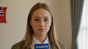 En kvinne med et norsk flagg i bakgrunnen, med en navnelapp som sier Dagnys