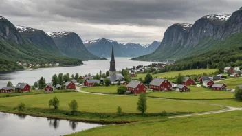 Et idyllisk norsk landskap med noen hus og en kirke.