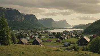 Et idyllisk norsk landskap med en liten bosetning i bakgrunnen.