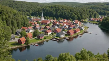 En pittoresk utsikt over en norsk by eller landsby med et skilt eller en bygning med navnet 'Jørstad' eller 'Jørstads'.