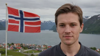En person med etternavnet Helmers, med et norsk flagg i bakgrunnen