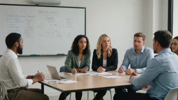 En gruppe mennesker som sitter rundt et bord, engasjert i en diskusjon, med en whiteboard eller flipchart i bakgrunnen med notater og ideer skrevet på den.