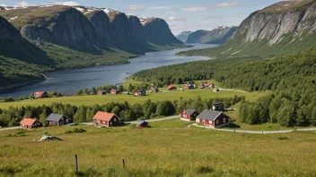 Et idyllisk norsk landskap med noen hus og en skilt med navnet Løvaas