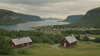 Et idyllisk norsk landskap med en liten landsby i bakgrunnen.