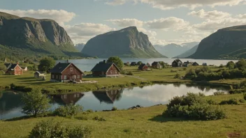 Et idyllisk norsk landskap med en liten landsby i bakgrunnen.