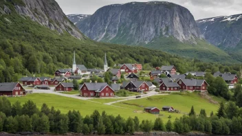 Et pittoreskt norsk landsby eller by med en skilt eller en bygning med navnet Undheims.