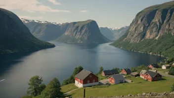 Et fredelig landskap av en norsk fjord med en liten landsby i bakgrunnen.