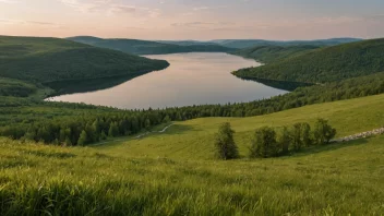 Et naturskjønt bilde av Sponvika med en innsjø og åser