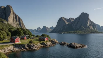 Et malerisk landskap av Hepsøy med tradisjonelle norske hus og en fredelig atmosfære