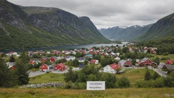 Et pittoreskt norsk landsby eller by med en skilt eller en bygning med navnet Kvalheims