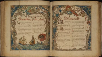 Et gammelt norsk manuskript med tittelen Draumkvedet, omgitt av mystiske og drømmelignende illustrasjoner.