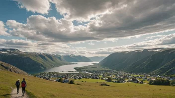 Et fredelig og malerisk landskap i Norge, som symboliserer sammenhengen mellom etternavnet Bergersen og landets naturskjønnhet.