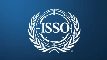 ISO-logoen er sentrert på en blå bakgrunn, og representerer organisasjonens rolle i å sette globale standarder.