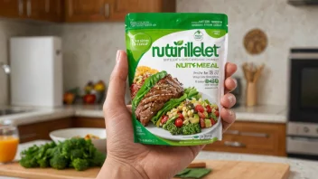 En person som holder et Nutrilett-produkt, med et sunt måltid i bakgrunnen, som symboliserer vekttap og ernæring.