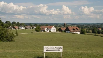 Et fredelig landskap med noen hus og en skilt med navnet Sigerlands