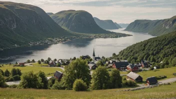 Et idyllisk norsk landskap med en liten landsby eller by i bakgrunnen, og et skilt eller en bygning med navnet 'Fyhn' i forgrunnen.