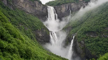 Vøringsfossen i Norge, omgitt av frodig grønt og tåke.