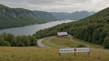 Et idyllisk norsk landskap med en skilt eller bygning med navnet Refsnes