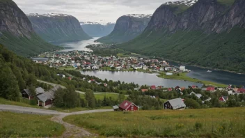 Et pittoreskt tettsted i Norge med en skilt som viser navnet Ramstads