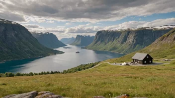 Et idyllisk norsk landskap med en skilt eller bygning med navnet Nøddelunds