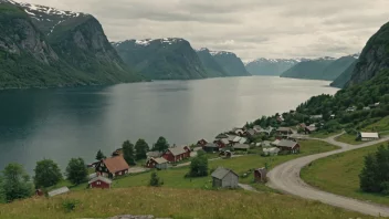 Et fredelig landskap av en norsk fjord med en liten landsby i bakgrunnen.
