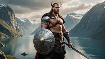 En vikinginspirert illustrasjon av en mann med sverd og skjold.