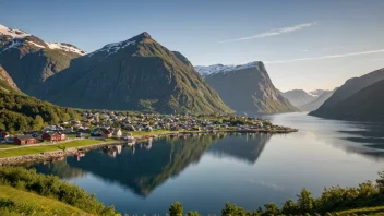 En pittoresk landsby i Norge med tradisjonelle hus og en storslagen natur.