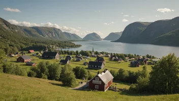 Et idyllisk norsk landskap med en liten landsby og et skilt med navnet 'Tjensvold'.
