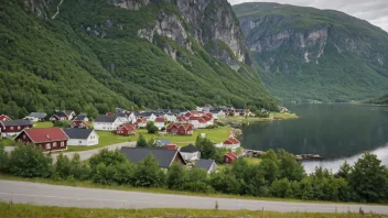 Et pittoreskt norsk landsby eller by med et skilt eller landemerke som indikerer navnet 'Mosviks'.