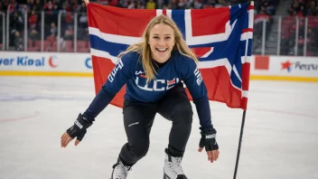 En glad person som går på skøyter med et norsk flagg