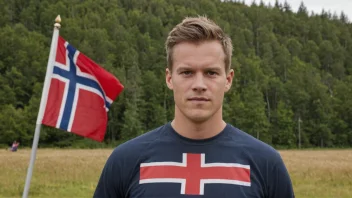 En person med et norsk flagg i bakgrunnen, med navnet Vebjørn skrevet i tykke bokstaver.