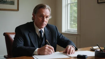 En norsk forfatter ved navn Evens sitter ved et skrivebord med en penn og papir.