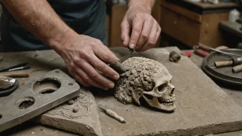 En person som finerer en skulptur, med fokus på fine detaljer og teksturer.