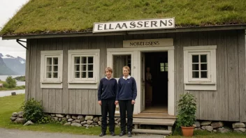 En familie som står utenfor et tradisjonelt norsk hus med navnet 'Eliassens' på døren.