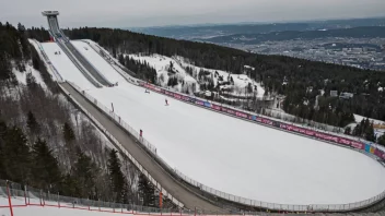 Holmenkollen skihopparena i Oslo, med skihoppere i aksjon.