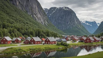 Et pittoreskt norsk landsby med en Svatsums-skilt.