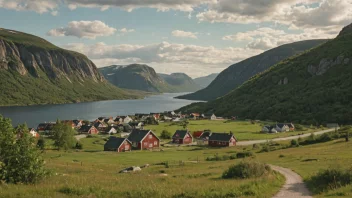 Et fredelig norsk landskap med en liten landsby eller by i bakgrunnen.