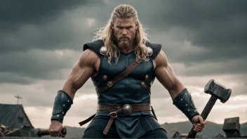 Et kraftfullt bilde av en mann med en hammer, inspirert av vikingtiden og den norrøne guden Tor.