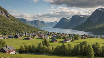 Et fredelig norsk landskap med en liten landsby i bakgrunnen.