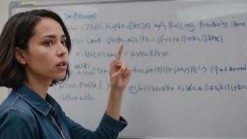 En person står foran en whiteboard og ser forvirret ut. Whiteboardet har flere forkortelser skrevet på seg, inkludert EWA.