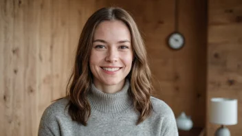 Et portrett av en kvinne med et varmt og invitende smil, satt mot en bakgrunn av et tradisjonelt skandinavisk landskap.