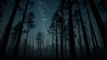 Et fredelig og rolig nattlig landskap i en skog.